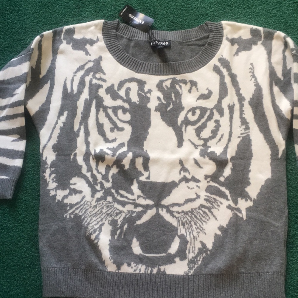 Express Gray Ivory Tiger Face Sweater